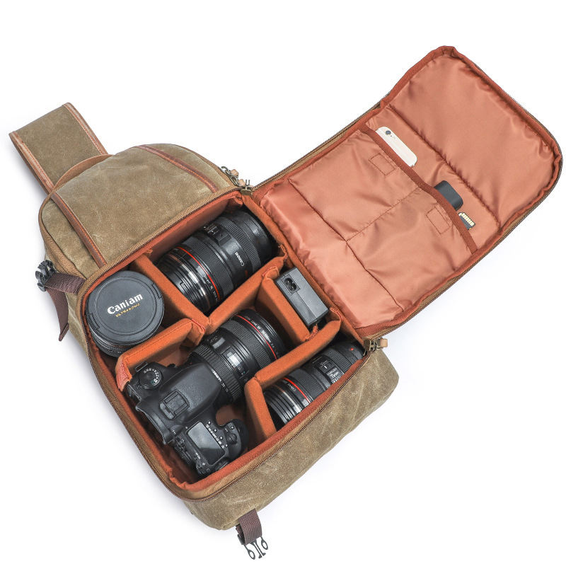 탈착식 인서트가 있는 방수 빈티지 패딩 카메라 슬링 배낭 가방 충격 방지 왁스 캔버스 카메라 케이스